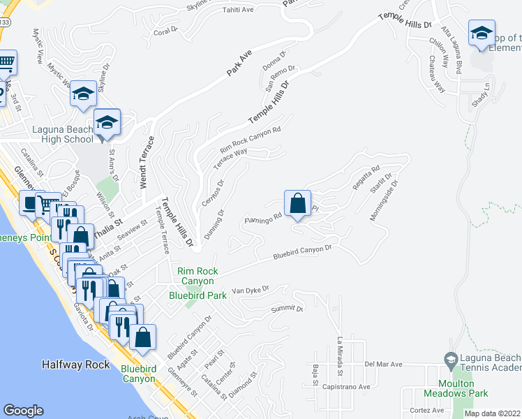 map of restaurants, bars, coffee shops, grocery stores, and more near 1005 Madison Place in Laguna Beach