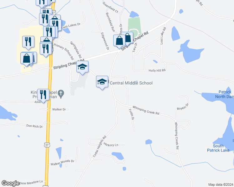 map of restaurants, bars, coffee shops, grocery stores, and more near 180 Whooping Creek Road in Carrollton