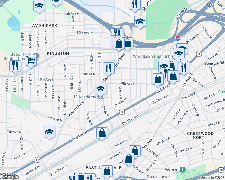 map of restaurants, bars, coffee shops, grocery stores, and more near 821 50th Street North in Birmingham