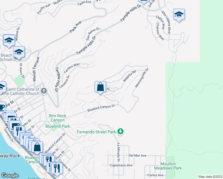 map of restaurants, bars, coffee shops, grocery stores, and more near 1444 Bluebird Canyon Drive in Laguna Beach