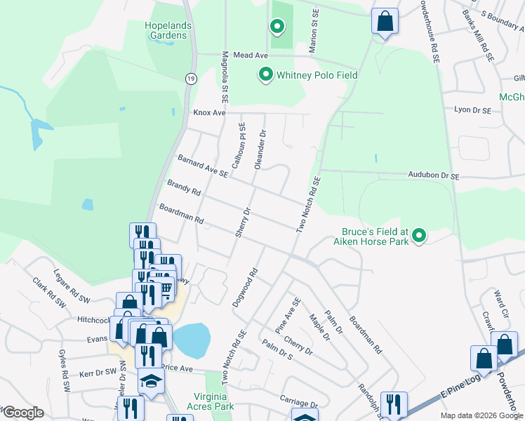 map of restaurants, bars, coffee shops, grocery stores, and more near 814 Brandy Road in Aiken