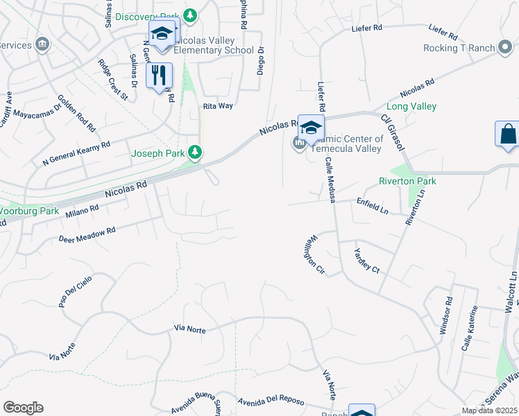 map of restaurants, bars, coffee shops, grocery stores, and more near 30925 Nicolas Road in Temecula