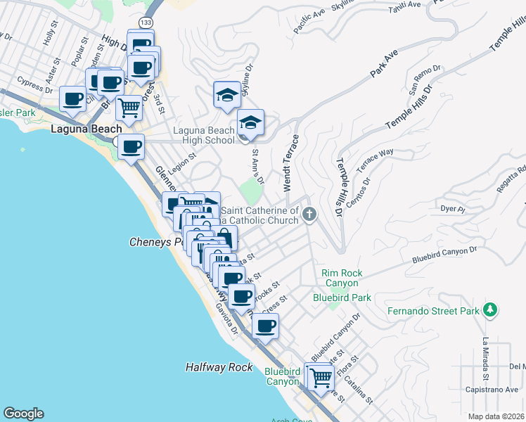 map of restaurants, bars, coffee shops, grocery stores, and more near 616 Cuprien Way in Laguna Beach