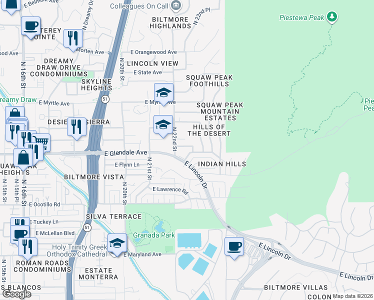 map of restaurants, bars, coffee shops, grocery stores, and more near 2223 East Cactus Wren Drive in Phoenix