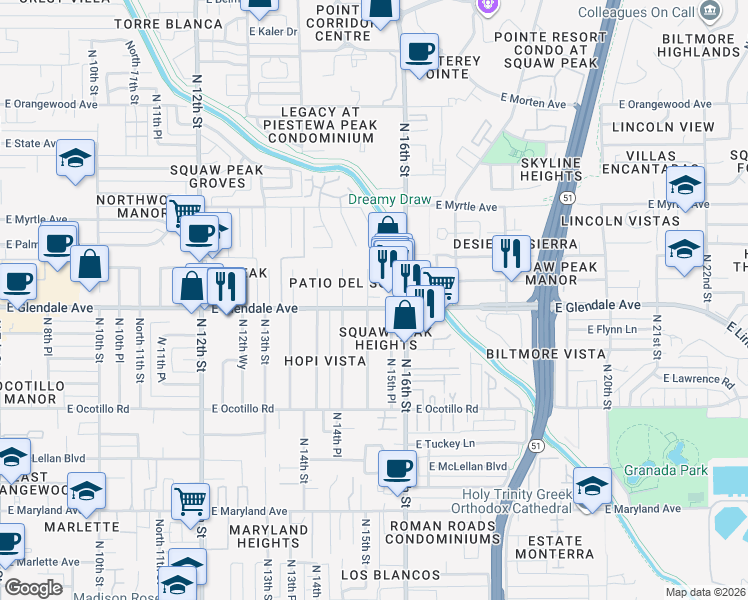 map of restaurants, bars, coffee shops, grocery stores, and more near 7005 North 15th Street in Phoenix