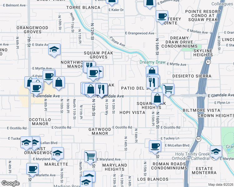 map of restaurants, bars, coffee shops, grocery stores, and more near 7001 North 13th Street in Phoenix