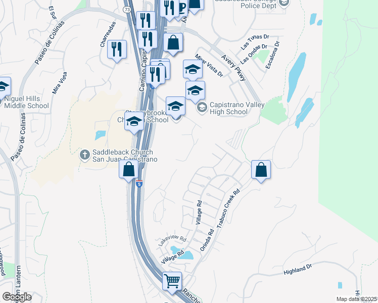 map of restaurants, bars, coffee shops, grocery stores, and more near 29231 Country Hills Road in San Juan Capistrano