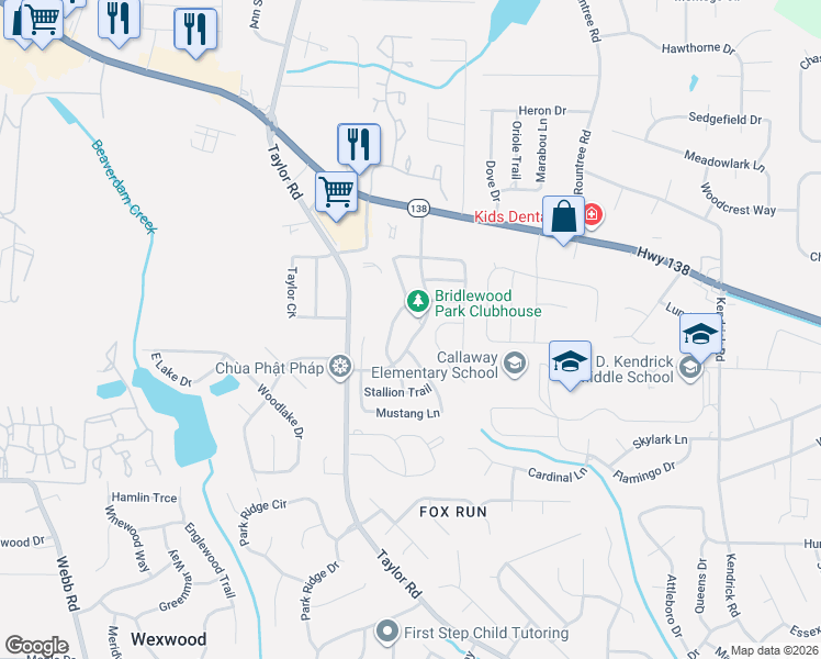 map of restaurants, bars, coffee shops, grocery stores, and more near 7909 Bridlewood Way in Riverdale