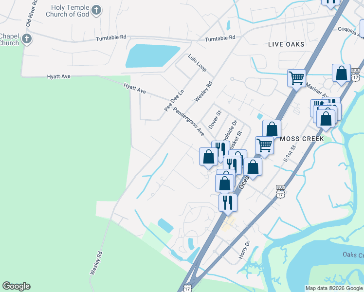 map of restaurants, bars, coffee shops, grocery stores, and more near 5232 Berkeley Court in Murrells Inlet