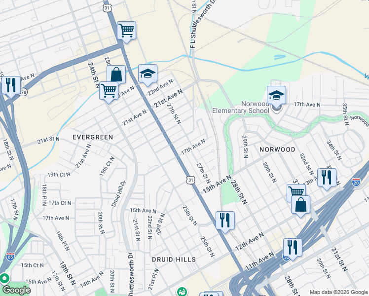 map of restaurants, bars, coffee shops, grocery stores, and more near 1645 27th Street North in Birmingham