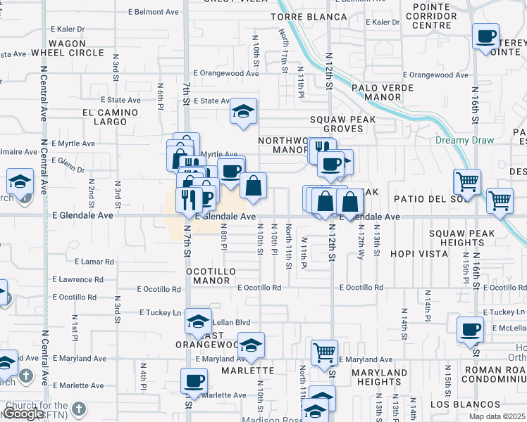 map of restaurants, bars, coffee shops, grocery stores, and more near 1002 East Glendale Avenue in Phoenix