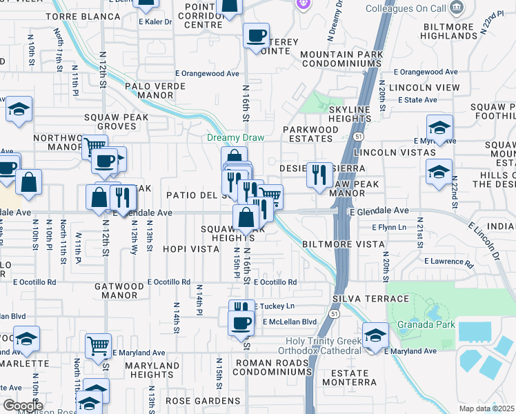 map of restaurants, bars, coffee shops, grocery stores, and more near in Phoenix