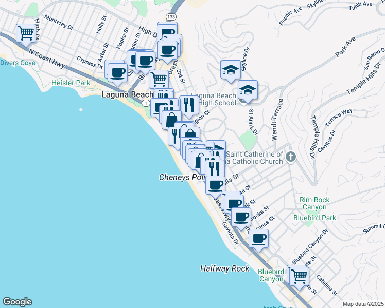 map of restaurants, bars, coffee shops, grocery stores, and more near 664 South Coast Highway in Laguna Beach