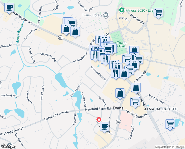 map of restaurants, bars, coffee shops, grocery stores, and more near 490 Pheasant Run Drive in Evans
