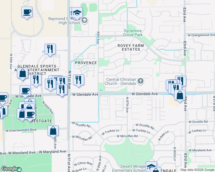 map of restaurants, bars, coffee shops, grocery stores, and more near 12644 West Glenn Drive in Glendale
