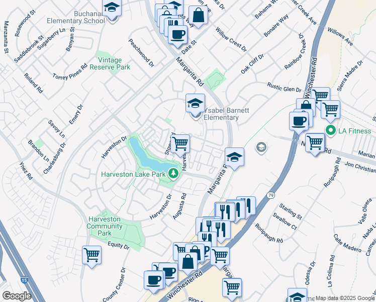 map of restaurants, bars, coffee shops, grocery stores, and more near 40128 Village Road in Temecula
