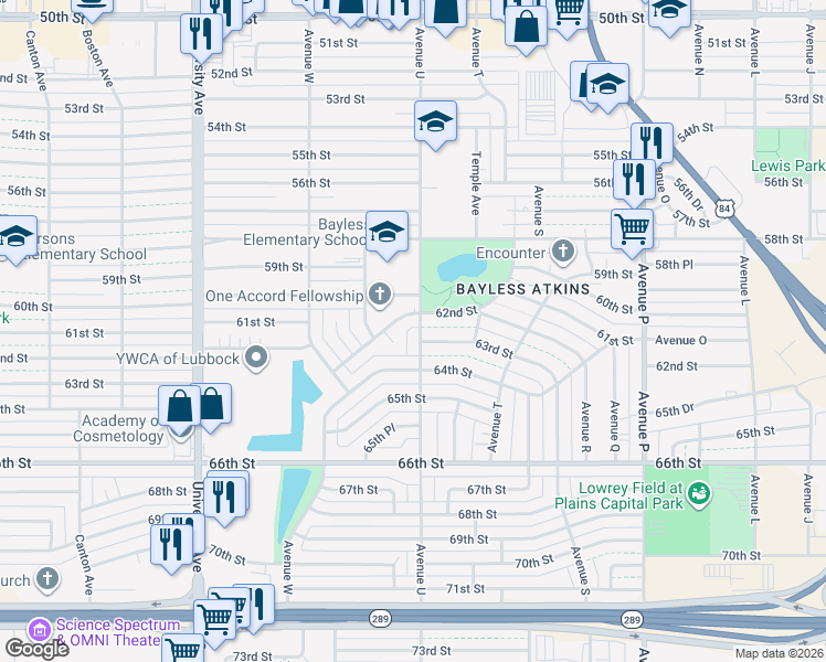 map of restaurants, bars, coffee shops, grocery stores, and more near 6206 Avenue U in Lubbock