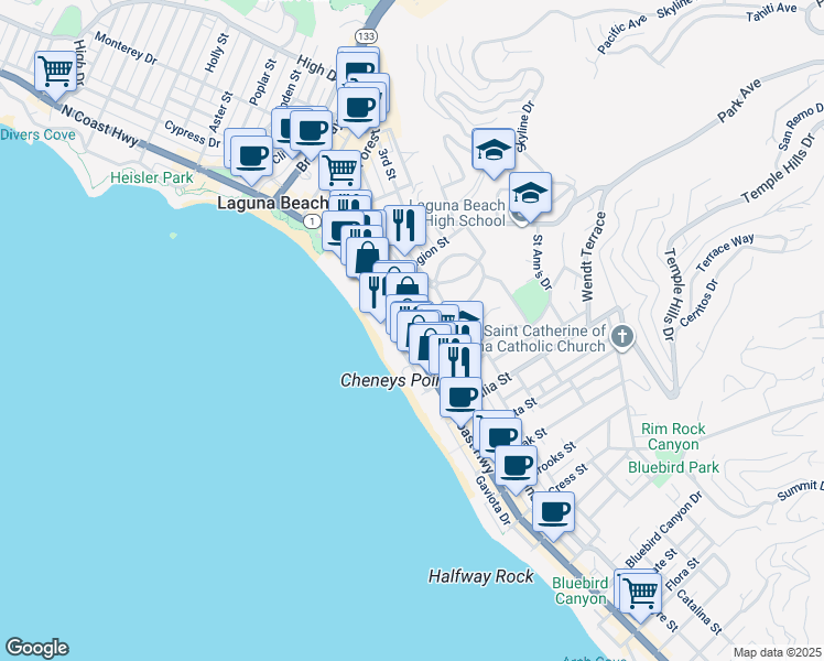 map of restaurants, bars, coffee shops, grocery stores, and more near 664 South Coast Highway in Laguna Beach