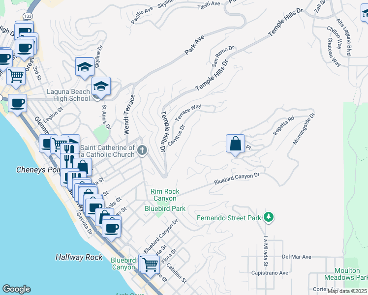 map of restaurants, bars, coffee shops, grocery stores, and more near 1323 Dunning Drive in Laguna Beach