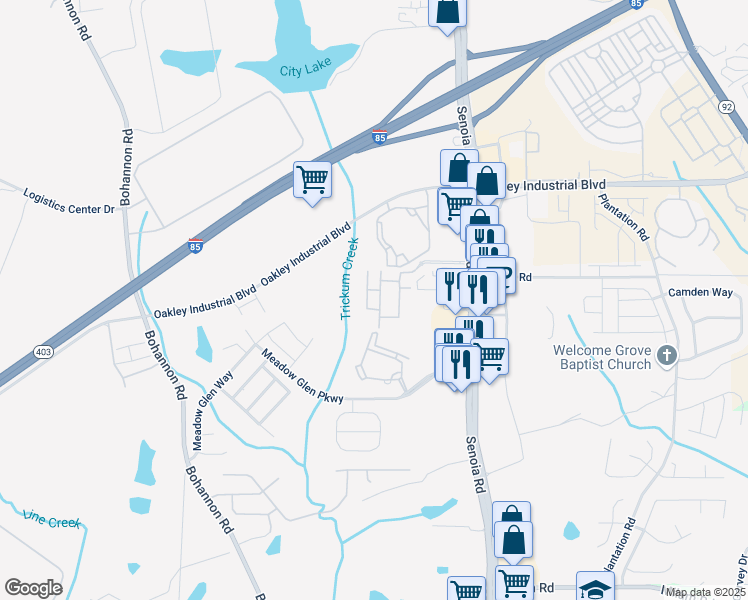 map of restaurants, bars, coffee shops, grocery stores, and more near 7915 Senoia Road in Fairburn