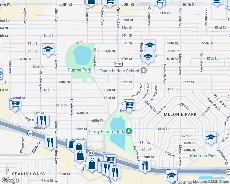 map of restaurants, bars, coffee shops, grocery stores, and more near 4403 61st Street in Lubbock