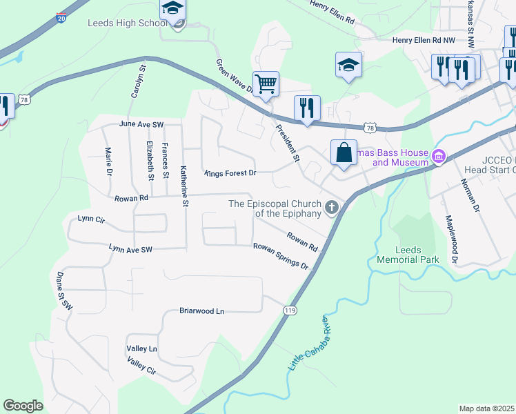 map of restaurants, bars, coffee shops, grocery stores, and more near 7158 Rowan Rd in Leeds