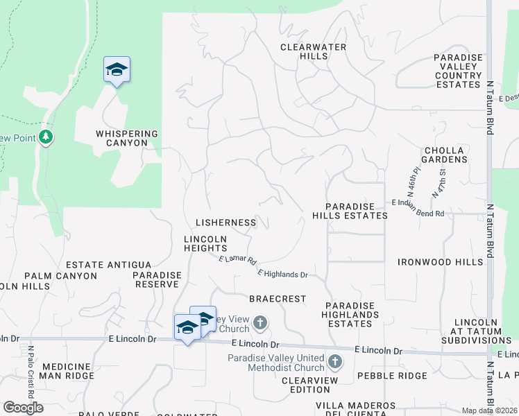 map of restaurants, bars, coffee shops, grocery stores, and more near 4301 East Upper Ridge Way in Paradise Valley