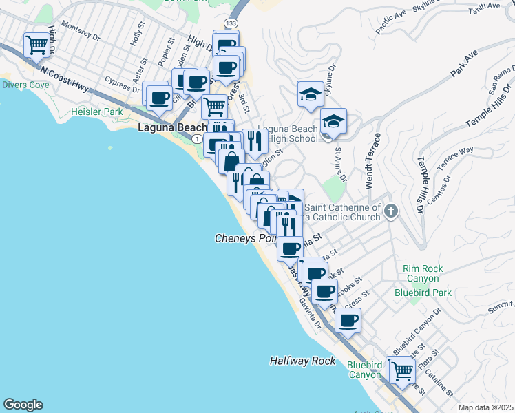 map of restaurants, bars, coffee shops, grocery stores, and more near 662 South Coast Highway in Laguna Beach