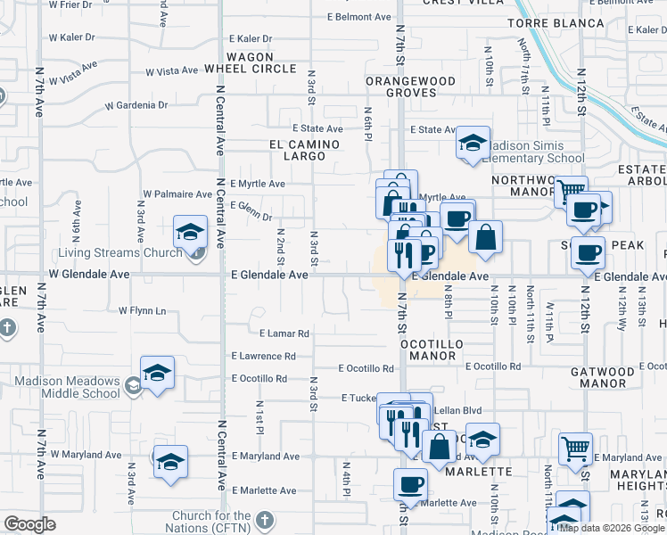 map of restaurants, bars, coffee shops, grocery stores, and more near 7004 North 4th Place in Phoenix