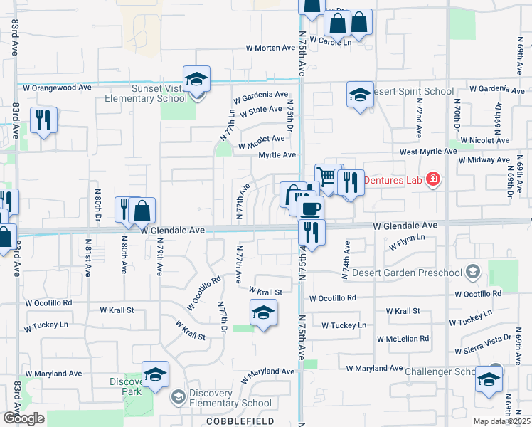 map of restaurants, bars, coffee shops, grocery stores, and more near 7010 North 76th Avenue in Glendale