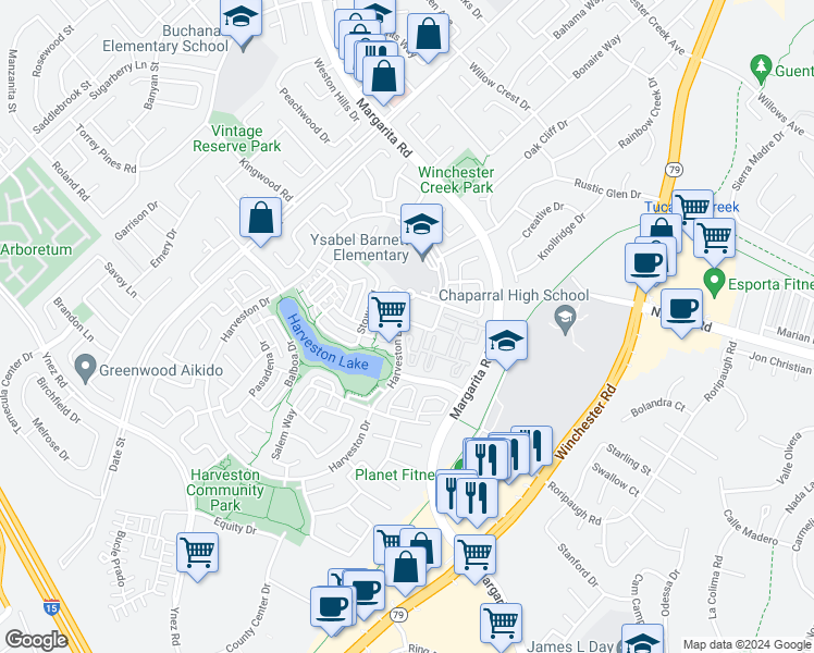 map of restaurants, bars, coffee shops, grocery stores, and more near 40128 Village Road in Temecula