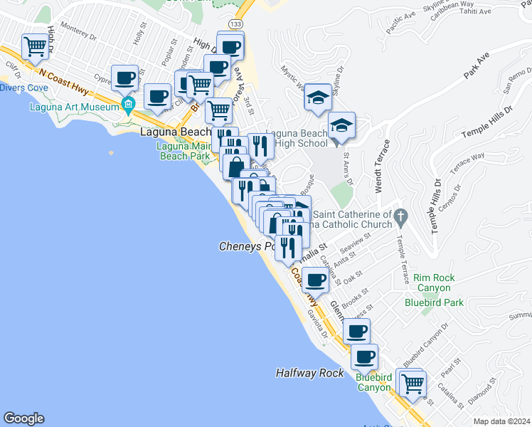 map of restaurants, bars, coffee shops, grocery stores, and more near 665 Ramona Avenue in Laguna Beach