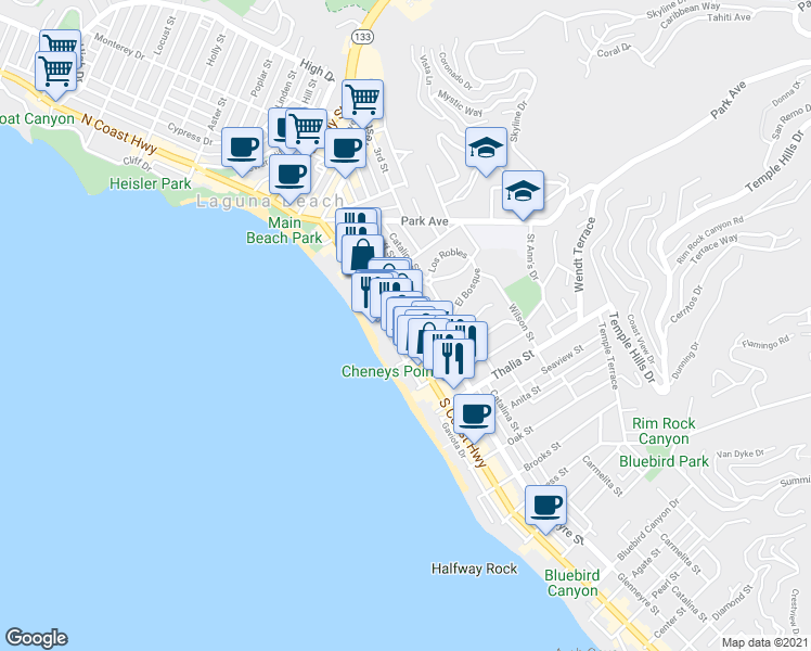 map of restaurants, bars, coffee shops, grocery stores, and more near 665 Ramona Avenue in Laguna Beach