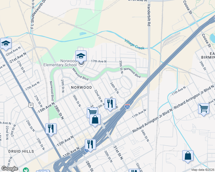 map of restaurants, bars, coffee shops, grocery stores, and more near 1414 34th Street North in Birmingham