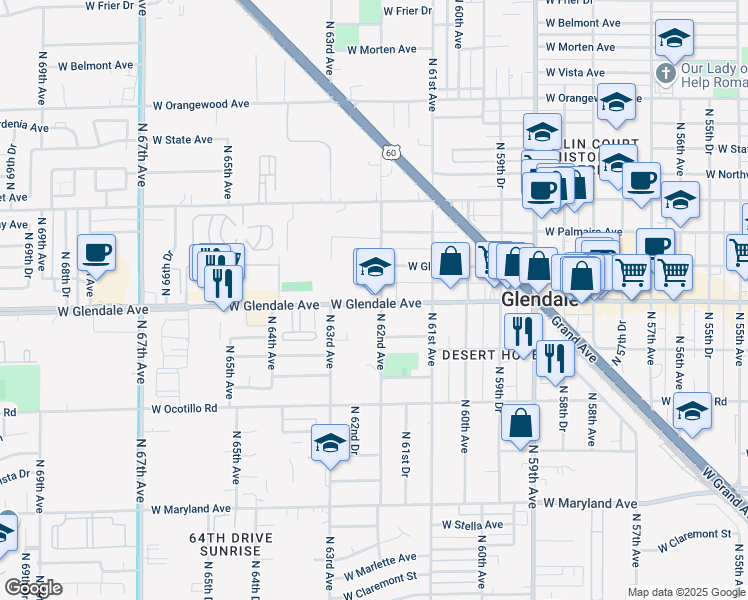map of restaurants, bars, coffee shops, grocery stores, and more near 6216 West Glendale Avenue in Glendale