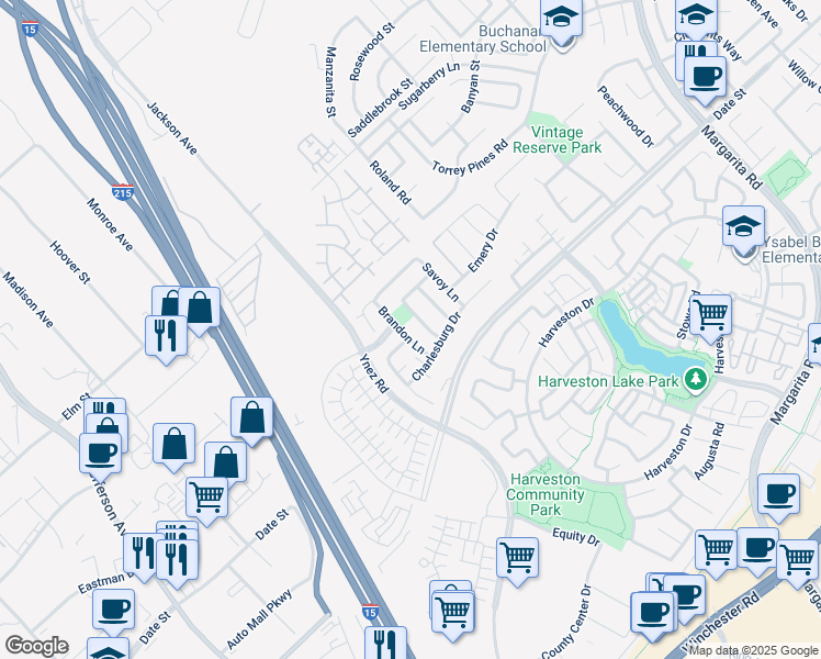 map of restaurants, bars, coffee shops, grocery stores, and more near 27354 Brandon Lane in Temecula