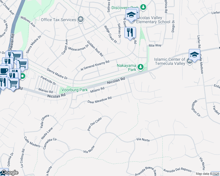 map of restaurants, bars, coffee shops, grocery stores, and more near 40086 Roshani Drive in Temecula