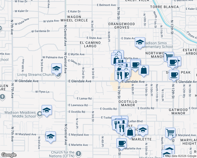 map of restaurants, bars, coffee shops, grocery stores, and more near 7004 North 4th Place in Phoenix