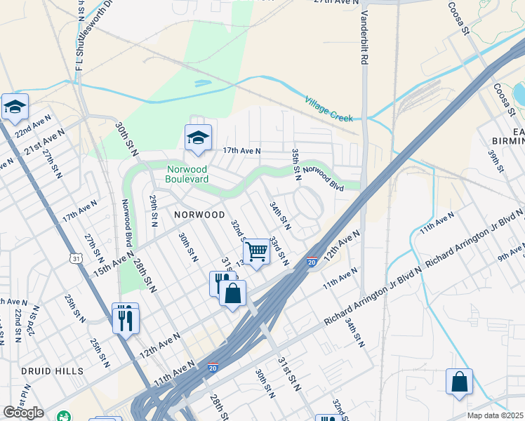 map of restaurants, bars, coffee shops, grocery stores, and more near 1414 34th Street North in Birmingham
