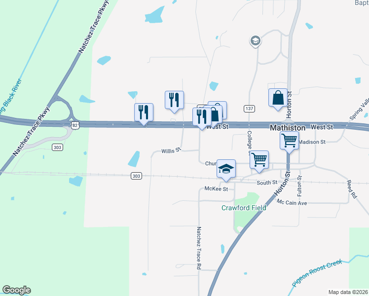 map of restaurants, bars, coffee shops, grocery stores, and more near Willis Street in Mathiston