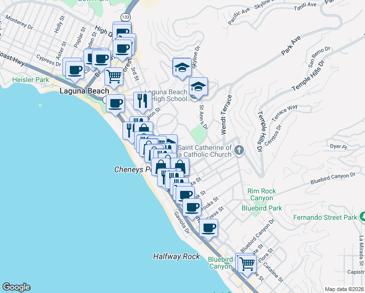 map of restaurants, bars, coffee shops, grocery stores, and more near 478 Saint Ann's Drive in Laguna Beach