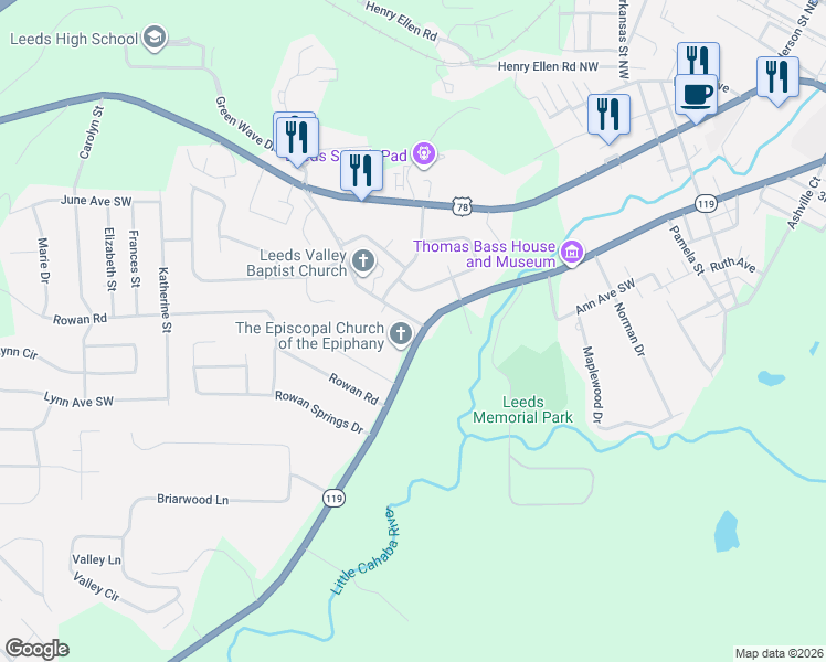map of restaurants, bars, coffee shops, grocery stores, and more near 1334 Montevallo Road Southwest in Leeds