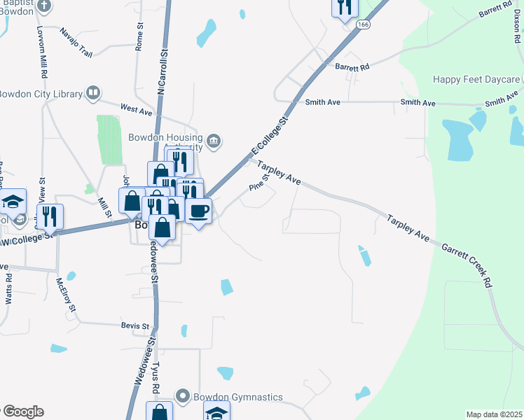 map of restaurants, bars, coffee shops, grocery stores, and more near 320 Pine Circle in Bowdon