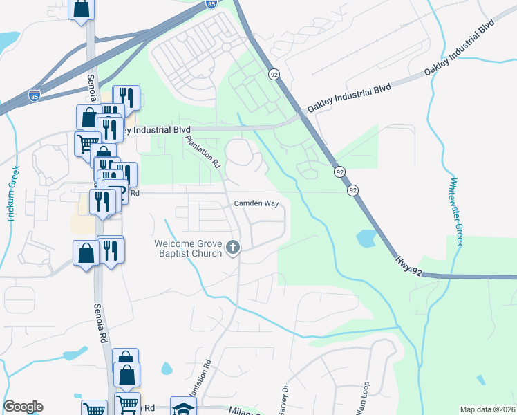 map of restaurants, bars, coffee shops, grocery stores, and more near 23 Camden Way in Fairburn