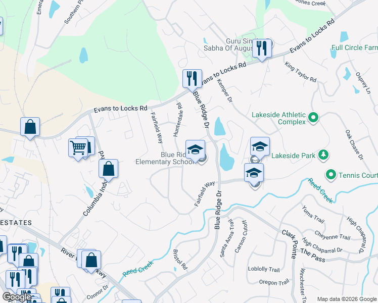 map of restaurants, bars, coffee shops, grocery stores, and more near 410 Commons Drive in Evans