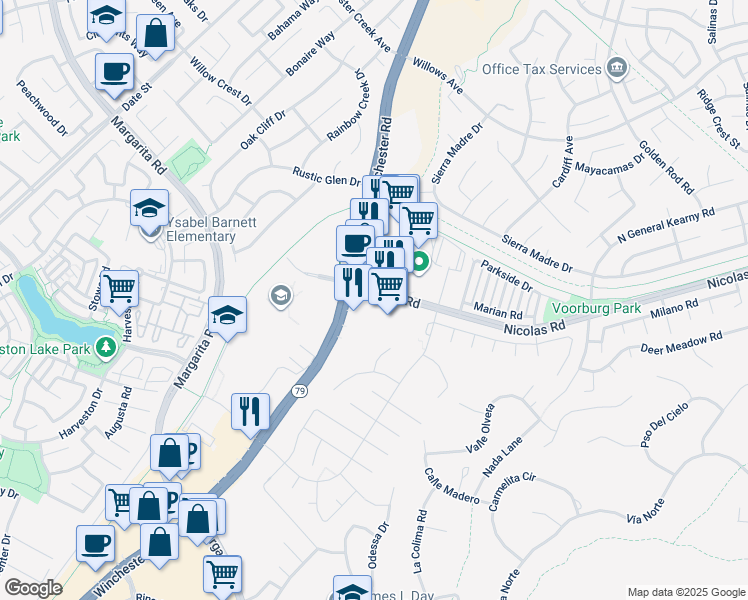 map of restaurants, bars, coffee shops, grocery stores, and more near 40212 Winchester Rd in Temecula