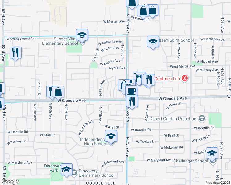 map of restaurants, bars, coffee shops, grocery stores, and more near 7010 North 76th Avenue in Glendale