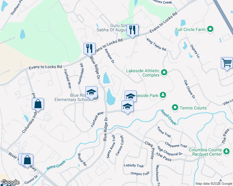 map of restaurants, bars, coffee shops, grocery stores, and more near 547 Blue Ridge Crossing in Evans