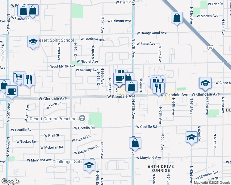 map of restaurants, bars, coffee shops, grocery stores, and more near 6802 West Glendale Avenue in Glendale