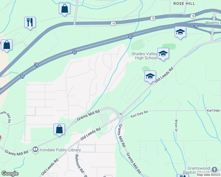 map of restaurants, bars, coffee shops, grocery stores, and more near 1269 Shades Terrace in Irondale